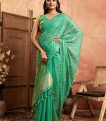 Sea green cotton spun floral jamdani saree with running blouse