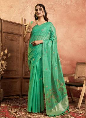 Sea green cotton spun floral jamdani saree with running blouse 2