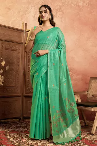 Sea green cotton spun floral jamdani saree with running blouse
