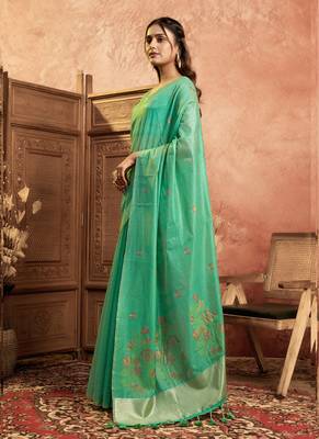 Sea green cotton spun floral jamdani saree with running blouse 3
