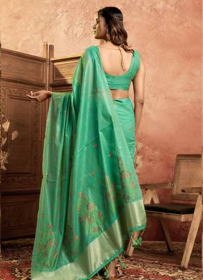 Sea green cotton spun floral jamdani saree with running blouse 4
