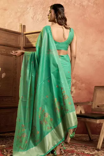 Sea green cotton spun floral jamdani saree with running blouse