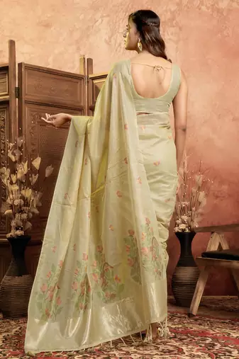 Cream cotton spun floral jamdani saree with running blouse