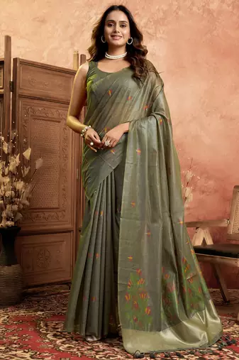 Olive green cotton spun floral jamdani saree with running blouse