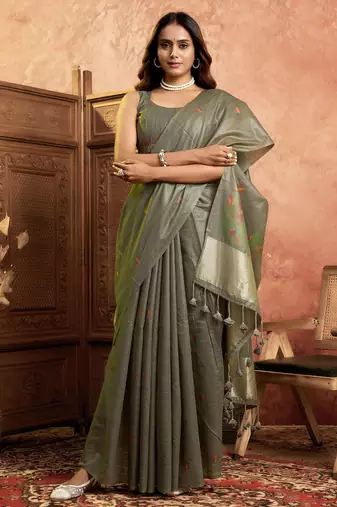 Olive green cotton spun floral jamdani saree with running blouse