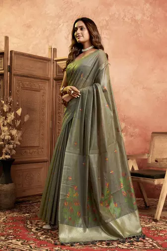 Olive green cotton spun floral jamdani saree with running blouse