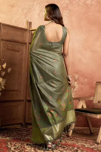 Olive green cotton spun floral jamdani saree with running blouse