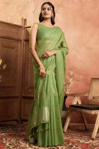 Parrot green cotton spun floral jamdani saree with running blouse