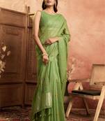 Parrot green cotton spun floral jamdani saree with running blouse