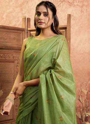 Parrot green cotton spun floral jamdani saree with running blouse 2