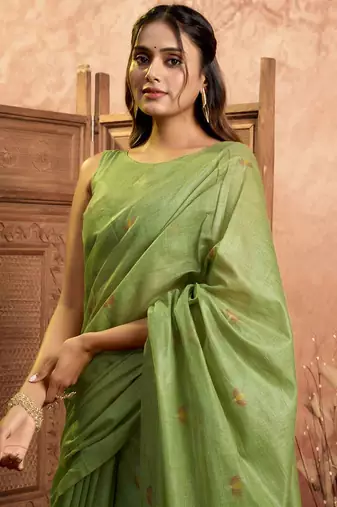 Parrot green cotton spun floral jamdani saree with running blouse