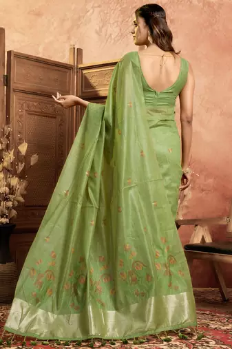 Parrot green cotton spun floral jamdani saree with running blouse