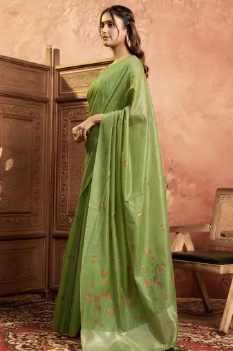 Parrot green cotton spun floral jamdani saree with running blouse
