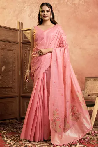Pink cotton spun floral jamdani saree with running blouse