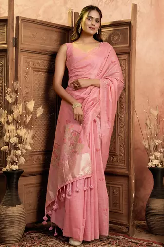 Pink cotton spun floral jamdani saree with running blouse