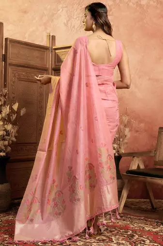 Pink cotton spun floral jamdani saree with running blouse