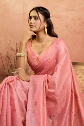 Pink cotton spun floral jamdani saree with running blouse
