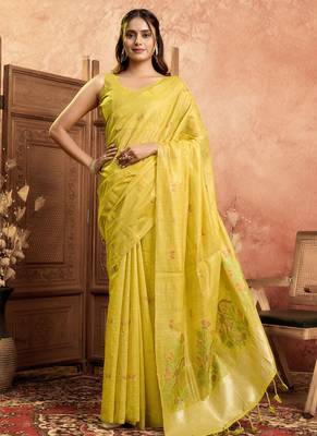 Yellow cotton spun floral jamdani saree with running blouse 1