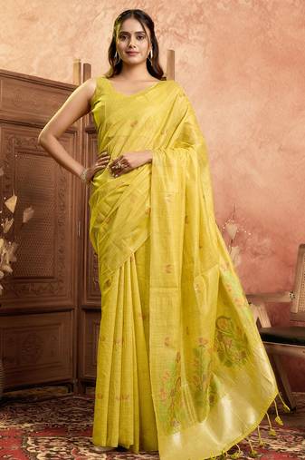 Yellow cotton spun floral jamdani saree with running blouse