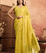 Yellow cotton spun floral jamdani saree with running blouse