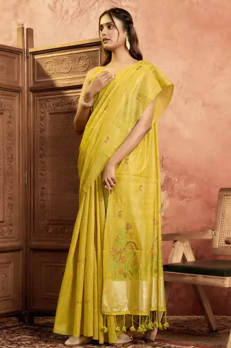 Yellow cotton spun floral jamdani saree with running blouse