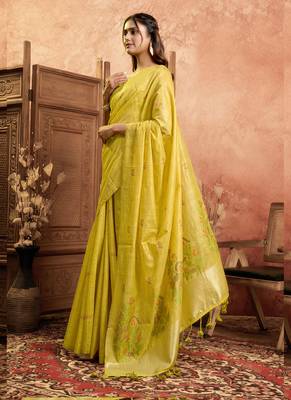 Yellow cotton spun floral jamdani saree with running blouse 3