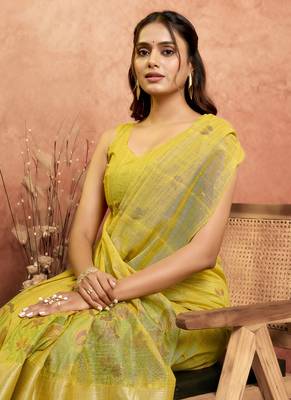 Yellow cotton spun floral jamdani saree with running blouse 4