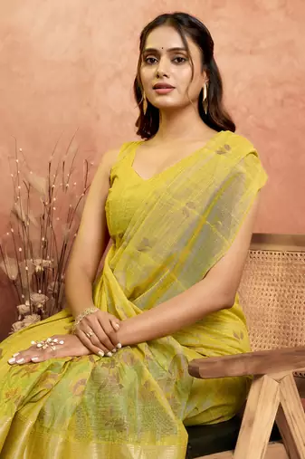Yellow cotton spun floral jamdani saree with running blouse