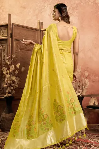 Yellow cotton spun floral jamdani saree with running blouse