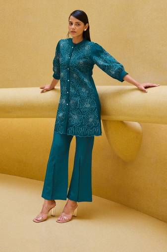 Teal embroidered viscose rayon ashima teal co ord sets