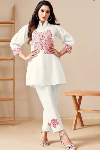 White embroidered viscose rayon modina angel co ord sets
