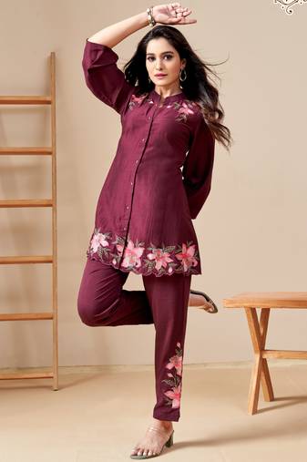 Maroon embroidered viscose rayon modina jam co ord sets