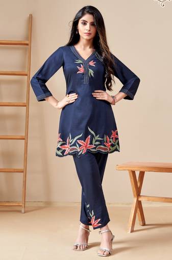 Navy blue embroidered viscose rayon modina indigo co ord sets