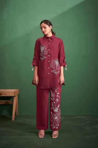 Wine embroidered viscose rayon akaay mulberry co ord sets