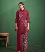 Wine embroidered viscose rayon akaay mulberry co ord sets