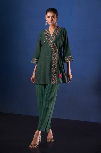 Green embroidered viscose rayon alena moss co ord sets