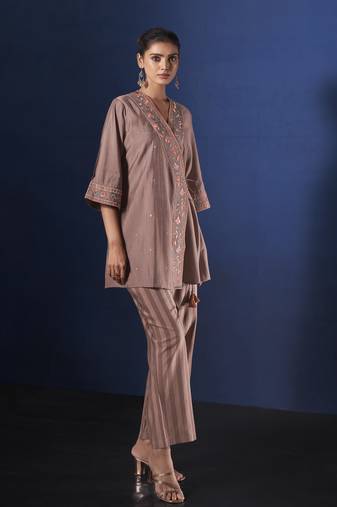 Mauve embroidered viscose rayon alena hazelnut co ord sets