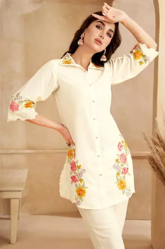 White embroidered viscose rayon asmi pearl co ord sets