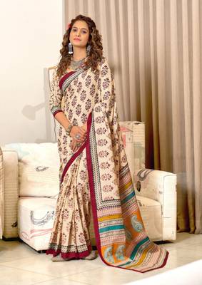 Red soft mulcotton block print saree with unstitched blouse piece 1