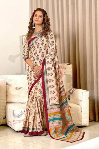 Red soft mulcotton block print saree with unstitched blouse piece