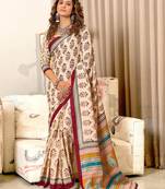 Red soft mulcotton block print saree with unstitched blouse piece