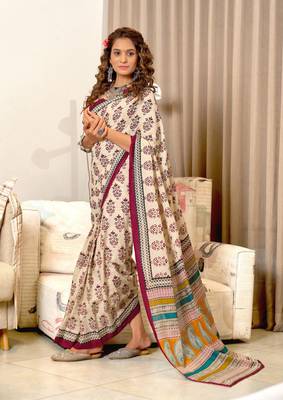 Red soft mulcotton block print saree with unstitched blouse piece 4
