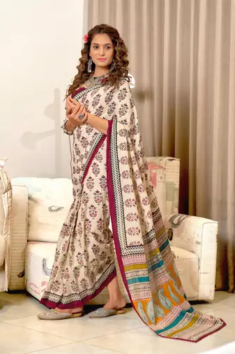 Red soft mulcotton block print saree with unstitched blouse piece