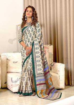 Green soft mulcotton block print saree with unstitched blouse 1