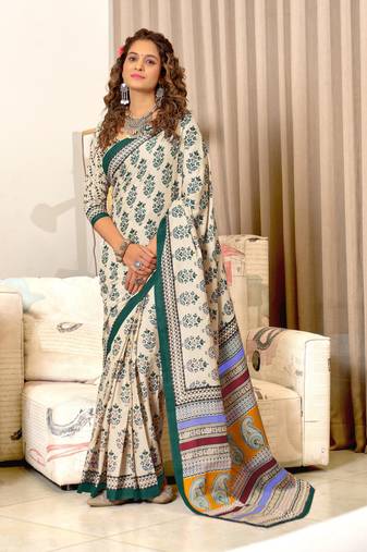 Green soft mulcotton block print saree with unstitched blouse