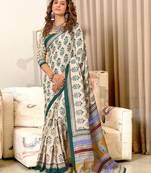 Green soft mulcotton block print saree with unstitched blouse
