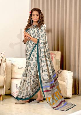 Green soft mulcotton block print saree with unstitched blouse 4