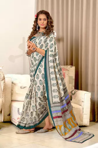 Green soft mulcotton block print saree with unstitched blouse