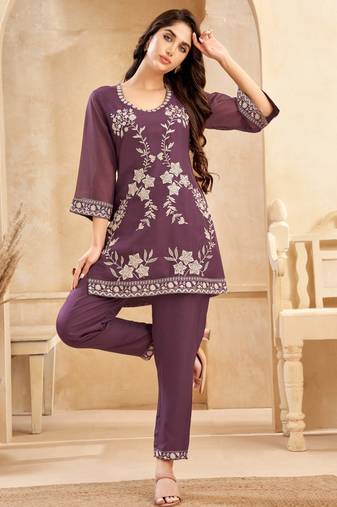 Wine embroidered cotton srijan mulberry co ord sets