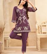 Wine embroidered cotton srijan mulberry co ord sets